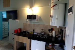 cocina con encimera y microondas en Cabaña Liebe Inge en San Carlos de Bariloche