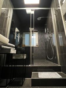 a bathroom with a shower with a glass door at Platin City Apartment in Hamburg