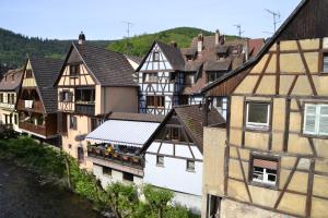 un groupe de bâtiments dans une ville à côté d'une rivière dans l'établissement Gîtes Du Stekala, à Kaysersberg