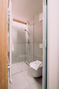 La salle de bains est pourvue de toilettes et d'une douche en verre. dans l'établissement Alpengasthof Hochsöll, à Söll