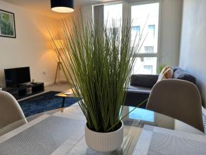 a living room with a table with a plant on it at Cosy 2 Bed Apt Sleeps 4+Balcony in Manchester