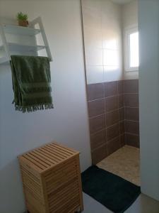 a bathroom with a towel rack and a mirror at L'hippocampe in Gruissan