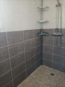 a bathroom with a shower with brown and white tiles at L'hippocampe in Gruissan