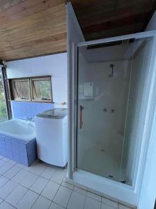 a bathroom with a shower and a washing machine at Bombina Cottages in Denmark