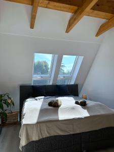 ein Schlafzimmer mit einem Bett mit zwei ausgestopften Tieren darauf in der Unterkunft SKYLINE Penthouse Apartment - Luxus & Zentral in Braunschweig