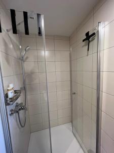 a bathroom with a shower with a glass door at Steinbachhütte 2 in Drei Annen Hohne