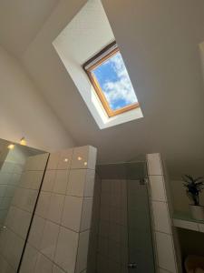 a bathroom with a skylight in the ceiling with a shower at Ostsee Traum 