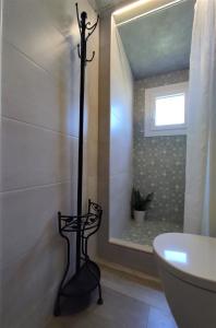 een badkamer met een douche, een toilet en een wastafel bij Angel's Suites 2 in Samos