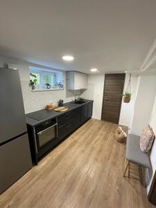 a kitchen with black appliances and a wooden floor at Home-in apartma in Ljubljana