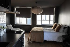 a bedroom with a bed and two windows at Rey Apartments in Reykjavík