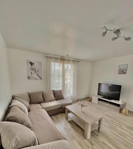 un soggiorno con un divano e una TV di Maison spacieuse de Lila avec 3 places de parkings a Crèvecoeur-le-Grand