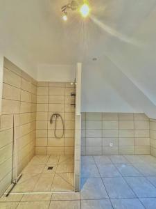 La salle de bains est pourvue d'une douche et d'un ventilateur de plafond. dans l'établissement Maison spacieuse de Lila avec 3 places de parkings, à Crèvecoeur-le-Grand