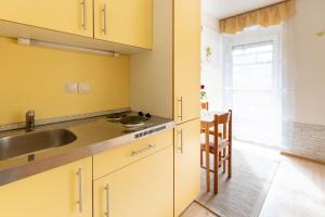 eine Küche mit gelben Wänden und einem Waschbecken in der Unterkunft Apartmaji Verica Ceklin in Bohinj