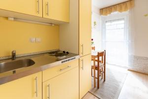 a kitchen with yellow walls and a sink at Apartmaji Verica Ceklin in Bohinj