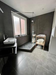La salle de bains est pourvue de toilettes, d'un lavabo et d'une douche. dans l'établissement Appartement 6/8 pers Plage à 10min NETFLIX, à Dunkerque