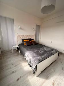 1 dormitorio con 1 cama grande con almohadas de color naranja en Appartement 6/8 pers Plage à 10min NETFLIX en Dunkerque