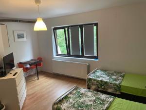 a room with a bed and a desk and a window at Hostel Drenak in Gornje Rataje
