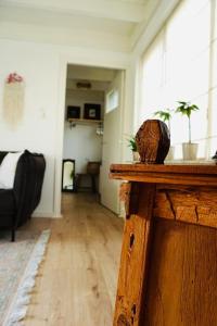 ein Wohnzimmer mit einem Tisch und einer Pflanze darauf in der Unterkunft Tiny House Noordwijk aan Zee in Noordwijk