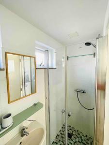 y baño con ducha acristalada y lavamanos. en Tiny House Noordwijk aan Zee en Noordwijk