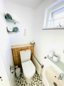 a small bathroom with a toilet and a sink at Tiny House Noordwijk aan Zee in Noordwijk