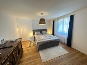 1 dormitorio con cama y ventana grande en Alpina Appartment Kandersteg, en Kandersteg