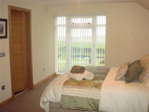 a bedroom with a bed and a large window at Criffel Glen in Dumfries