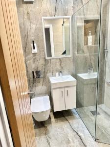 a bathroom with a toilet and a sink and a shower at Little Vine - Beautiful Ground floor flat in South London in Sutton