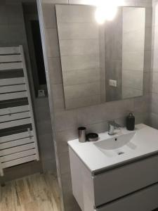 ein Badezimmer mit einem weißen Waschbecken und einem Spiegel in der Unterkunft La MUSARDIERE Gîte paisible à la campagne 