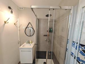La salle de bains est pourvue d'une douche et d'un lavabo. dans l'établissement Le Cocon du Pré-Saint-Gervais, à Le Pré-Saint-Gervais