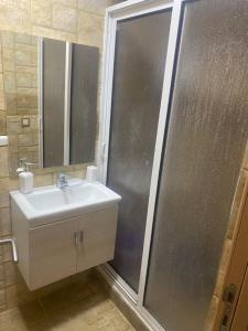 a bathroom with a sink and a shower at Appartement meublé Tanger Houara in Tangier
