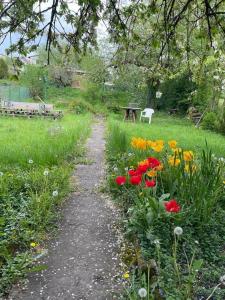 un chemin à travers un jardin fleuri et un banc dans l'établissement Gästehaus Linden, à Linden