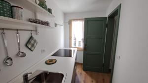 a kitchen with a sink and a green door at Staguda 59 in Sottoguda