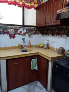 cocina con armarios de madera, fregadero y fogones en Espacio familiar Poma en Machala