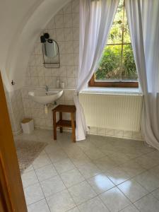 uma casa de banho com um lavatório e uma janela em Apartmán v koňském areálu Židovice em Louny
