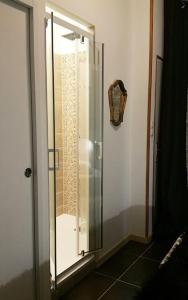 - une cabine de douche en verre avec une porte en verre dans l'établissement LE P'TIT APPART, à Landerneau