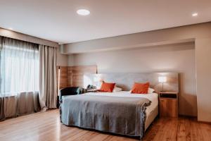 una habitación de hotel con una cama grande y una silla en Basia Hotel & Sushi en San Carlos de Bariloche