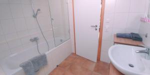 a bathroom with a shower and a sink and a tub at Ferienwohnung Bergglück in Lenggries