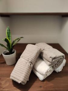 a pile of towels sitting on a table with a plant at L'Oustalet d'Erine - spacieuse et climatisée in Albi