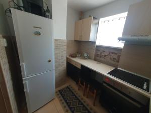 a kitchen with a white refrigerator and a sink at Apartament Centru Vatra in Vatra Dornei