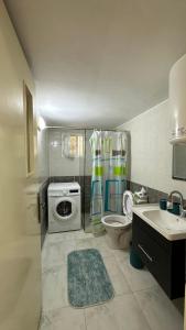 a bathroom with a washing machine and a sink at Turkuaz Aparment in Amman