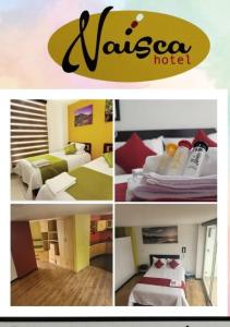 a collage of four pictures of a hotel room at Hotel Naisca 47 in Pasto