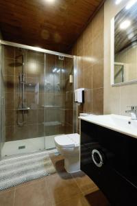 a bathroom with a shower and a toilet and a sink at Casa do Javali in Bragança