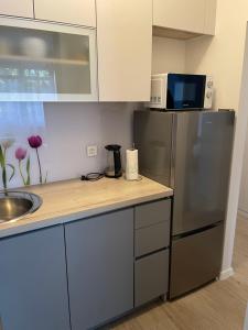 a kitchen with a stainless steel refrigerator and a sink at COOKIE Apartment in Zagreb +11 photos