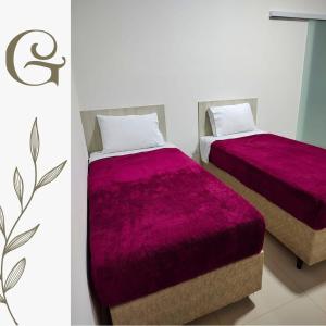 two beds in a room with purple blankets at Pousada Gabriel in São Miguel Arcanjo