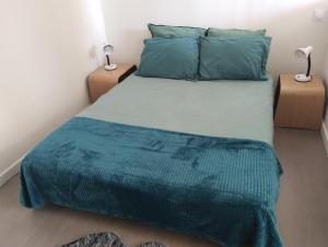 1 dormitorio con 1 cama con edredón azul y 2 lámparas en Lucy Appart, en Roanne