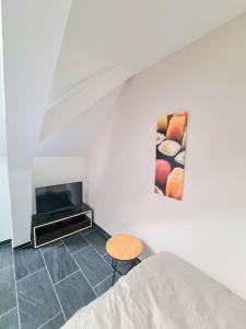 um quarto com uma cama, uma cadeira e uma lareira em Le Tokyo - Studio gare em Mulhouse