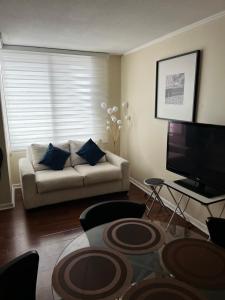 uma sala de estar com um sofá e uma televisão em Suite on the top em Santiago