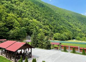 um pavilhão com um telhado vermelho em frente a uma montanha em Pensiunea Dany em Clopotiva