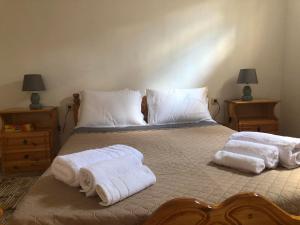 Sfiris Resort في إيلاتي تريكالون: غرفة نوم عليها سرير وفوط