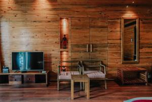 a living room with a television and wooden walls at De Foret in Havelock Island